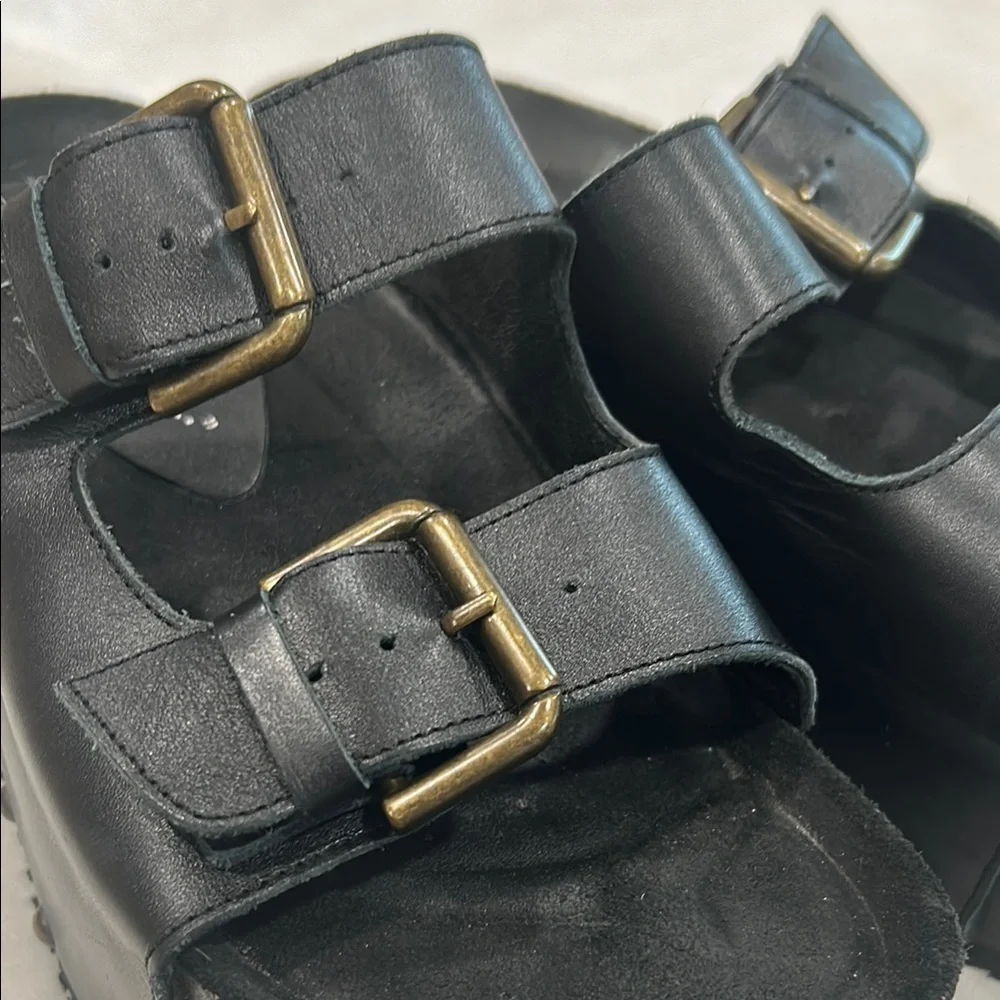 FREE PEOPLE INTENTIONALLY BLANK Black Platform Sandals with Gold Buckles